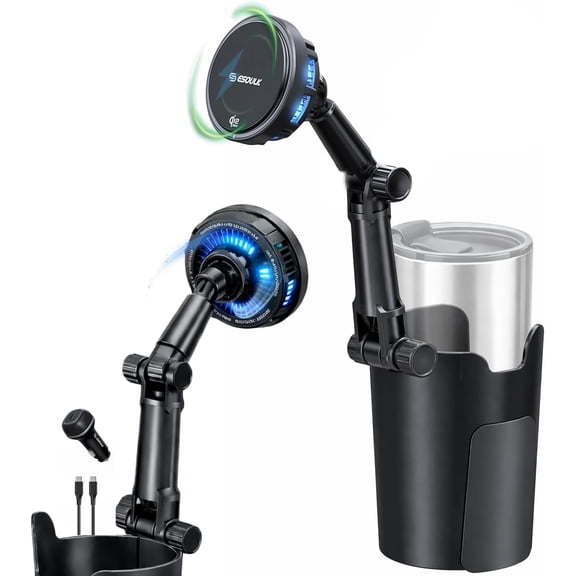Esoulk Qi2 Magnetic Wireless Car Charger 25W, Fast Charging Cup Holder Phone Mount with Cooling Fan, Universal for All Cars