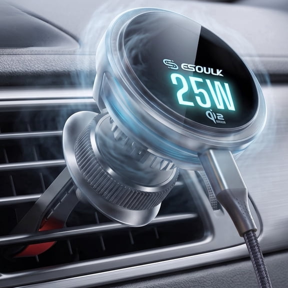 Esoulk Qi2 Magnetic Wireless Car Charger 25W, Fast Charging Phone Mount with Cooling Fan, Adjustable Dashboard Car Mount