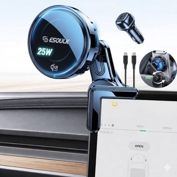 Esoulk Qi2 Magnetic Wireless Car Charger for Tesla 25W, Fast Charging Phone Mount with Cooling Fan for All Tesla Models