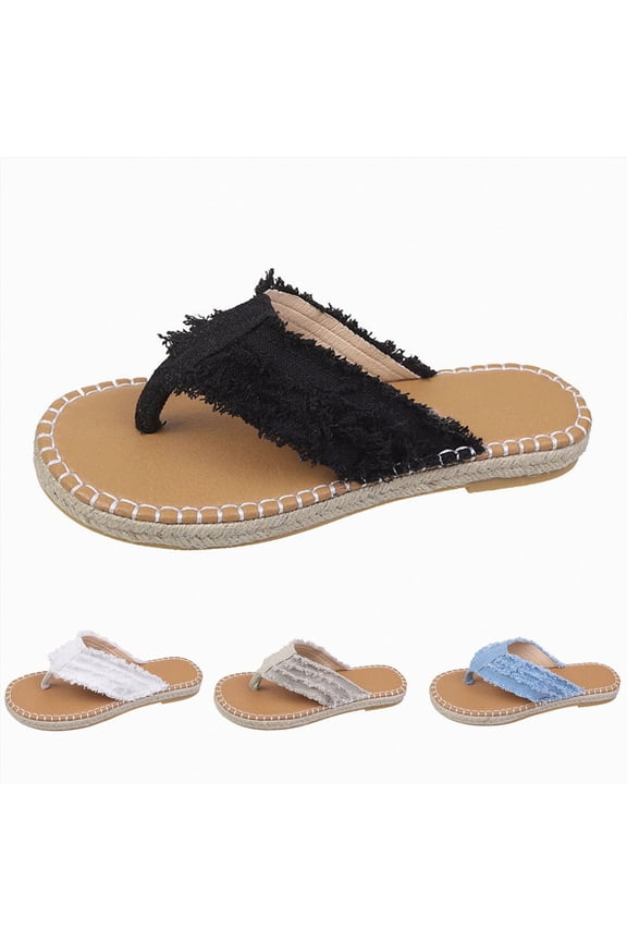 Espadrille Sandals for Women Flat Flip Flops Summer Casual Round Toe Slip on Slides Lightweight Retro Beach Slippers Shoes Gray Size 8.5