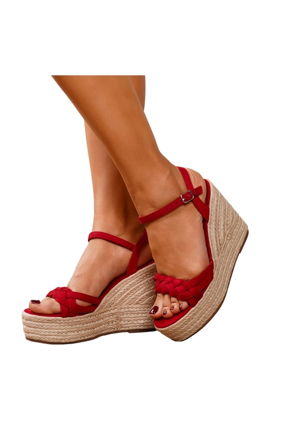 Espadrille Wedge Sandals for Women Braided Buckle Ankle Strap Open Toe Platform Dress Shoes Comfortable Non Slip Heels Red Size 6