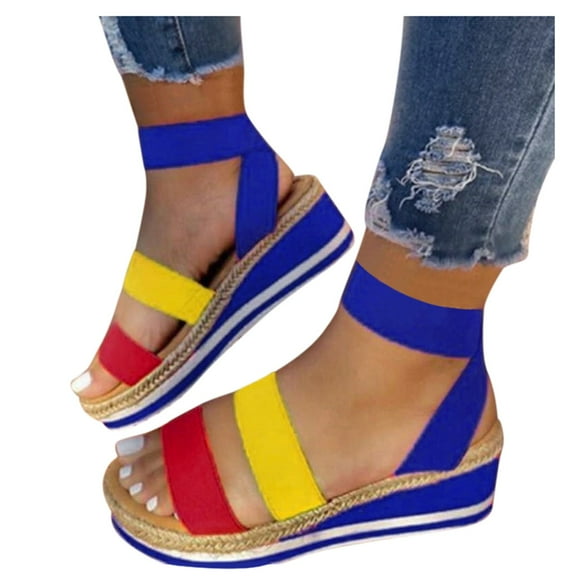 Espadrilles Platform Sandals for Women Boho Summer Beach Strechy Open Toe Ankle Strap Footbed Dressy Sandals