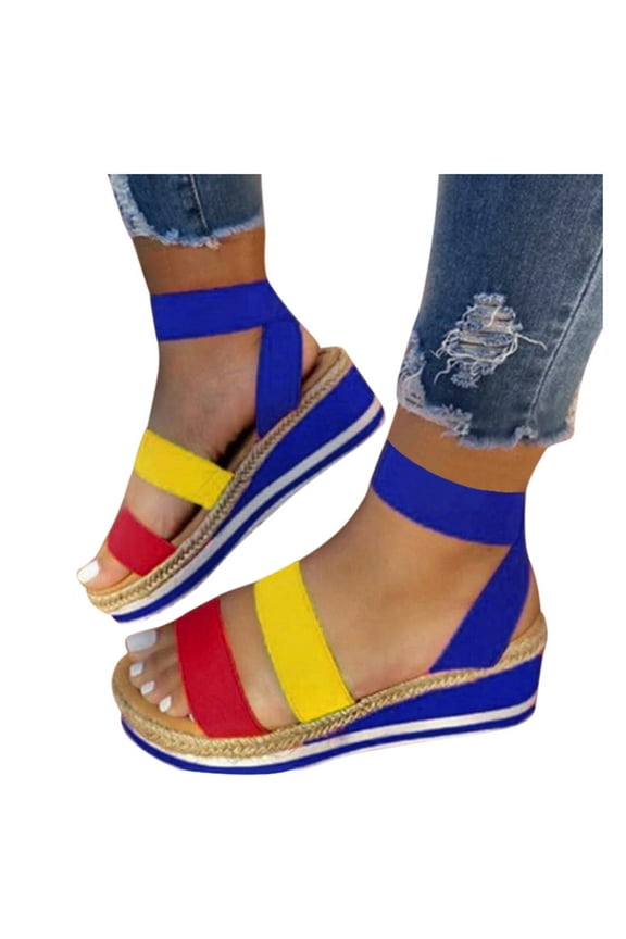 Espadrilles Platform Sandals for Women Boho Summer Beach Strechy Open Toe Ankle Strap Footbed Dressy Sandals
