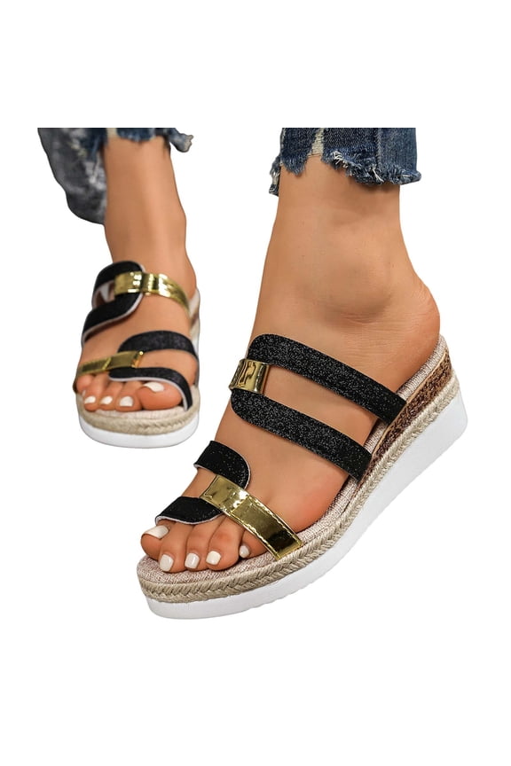 Espadrilles Platform Sandals for Women Casual Summer Slide Wedge Sandals Slip On Open Toe Dressy Mules Black Size 8