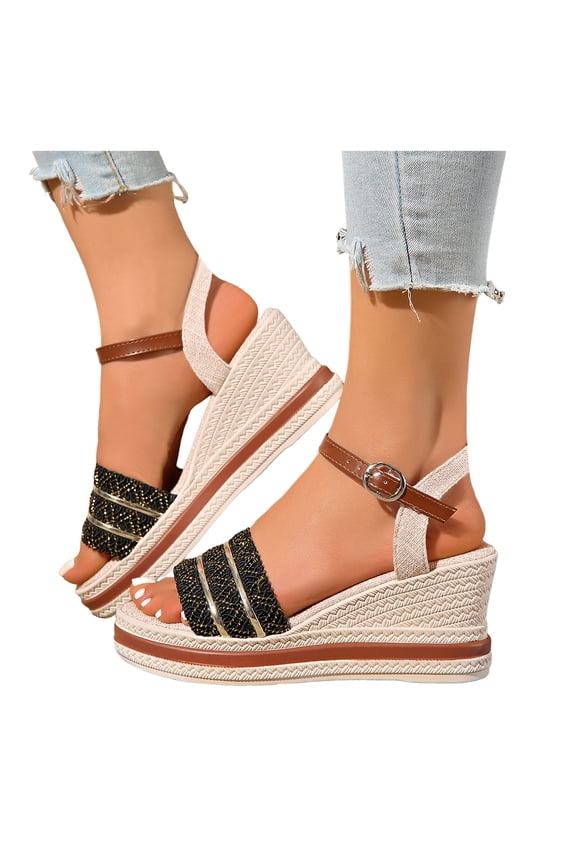 Espadrilles Wedge Sandals for Women Open Toe Dressy Platform Sandal Buckle Ankle Strap Comfortable Walking Shoes Black Size 9