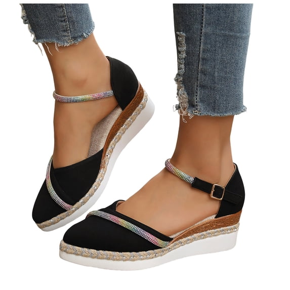 Espadrilles Wedge Sandals for Women Slip on Closed Toe Shoes with Rhinestone Glitter Straps Stylish Everyday Comfortable Party Heels Black Size 6.5