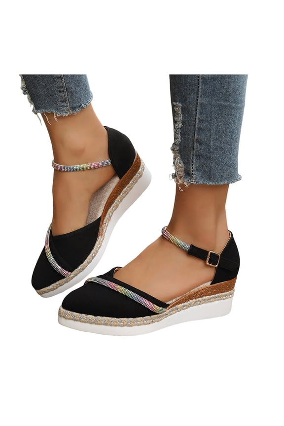 Espadrilles Wedge Sandals for Women Slip on Closed Toe Shoes with Rhinestone Glitter Straps Stylish Everyday Comfortable Party Heels Black Size 6