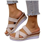 Espadrilles Wedge Sandals for Women Trendy Crooss Strappy Open Toe Casual High Heeled Platform Slip on Slides Beige Size 8.5