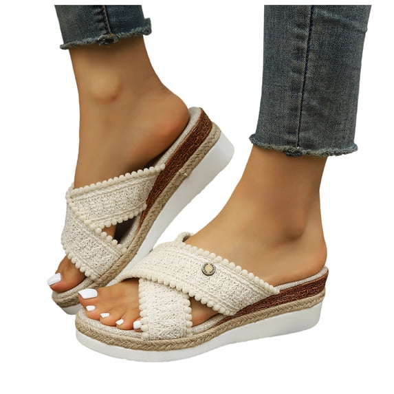Espadrilles Wedge Sandals for Women Trendy Knitted Crooss Strap Open Toe Slides Casual Slip on Beach Shoes Beige Size 8