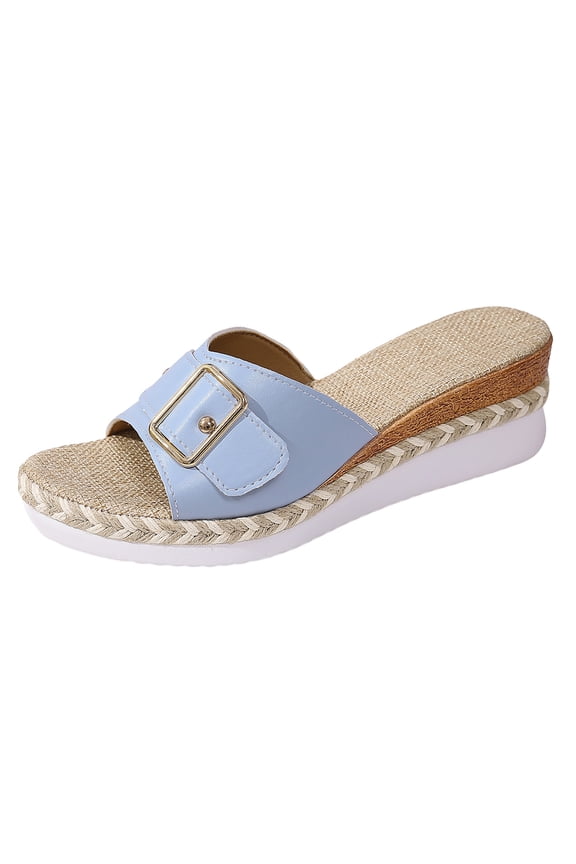 Espadrilles Wedge Slip on Slides for Women Arch Support Buckles Beach Shoes Low Wedges Walking Sandals for Ladies Outdoor Blue Size 7