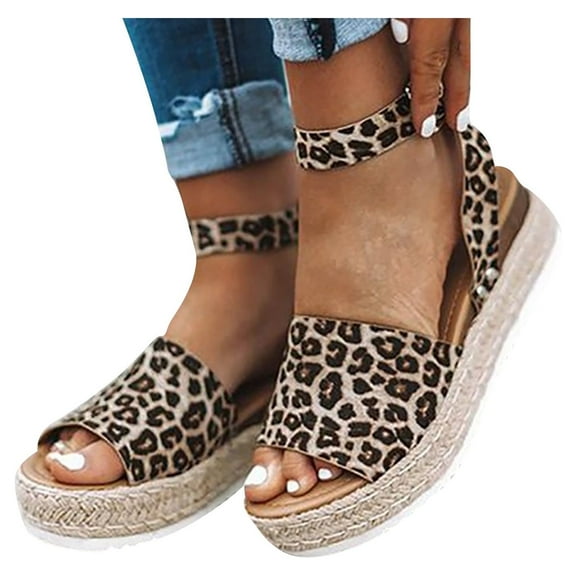 Espadrilles Wedges for Women Summer Casual Leopard Espadrille Platform Sandals Comfort Open Toe Ankle Strap Sandal
