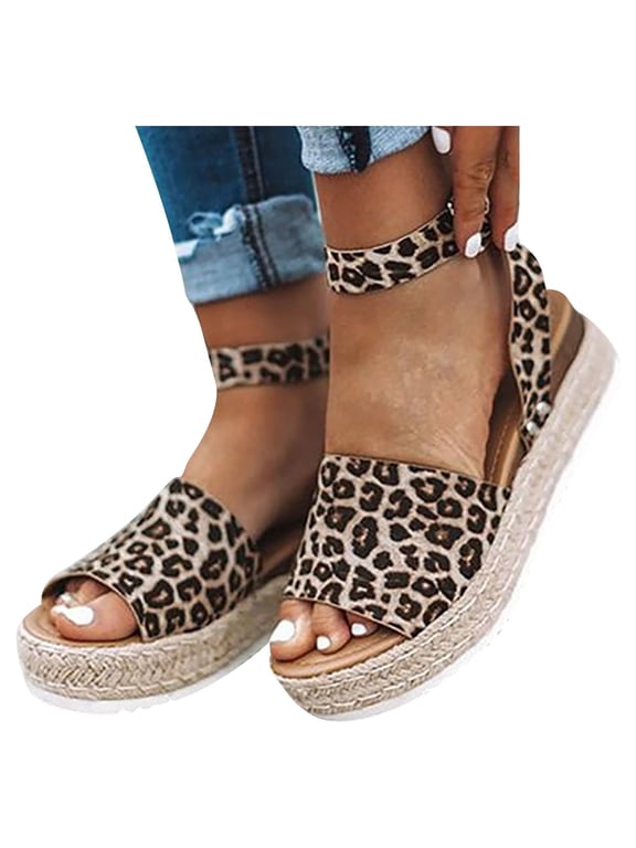 Espadrilles Wedges for Women Summer Casual Leopard Espadrille Platform Sandals Comfort Open Toe Ankle Strap Sandal