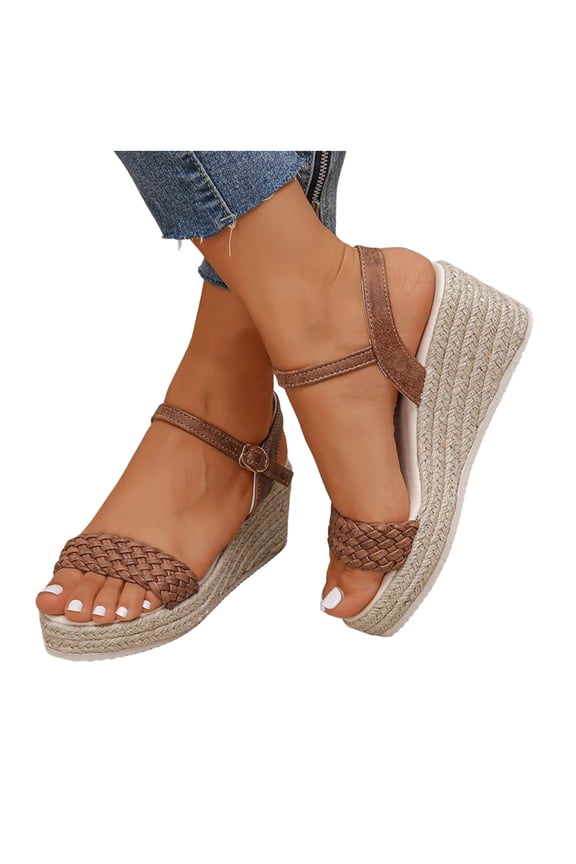Espadrilles for Women Braided Band Open Toe Platform Wedge Sandals Buckle Ankle Strap Casual Slingback Summer Heels Brown Size 7.5