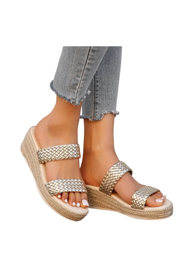 Espadrilles for Women Braided Band Open Toe Wedge Sandals Comfy Footbed Slip on Backless Platform Heels Summer Slides Gold Size 8