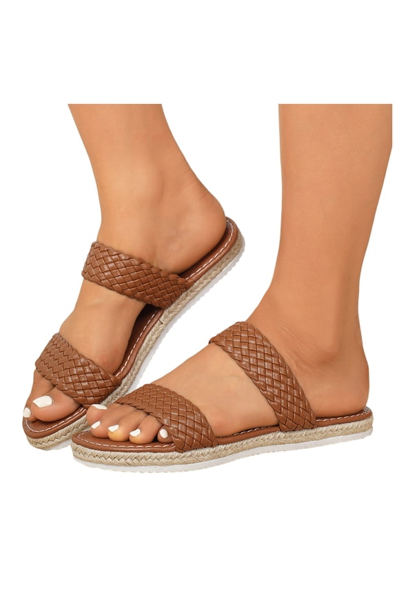 Espadrilles for Women Braided Double Band Open Toe Slides Sandals Lightweight Thick Sole Summer Beach Vacation Dress Flat Shoes Brown Size 6.5