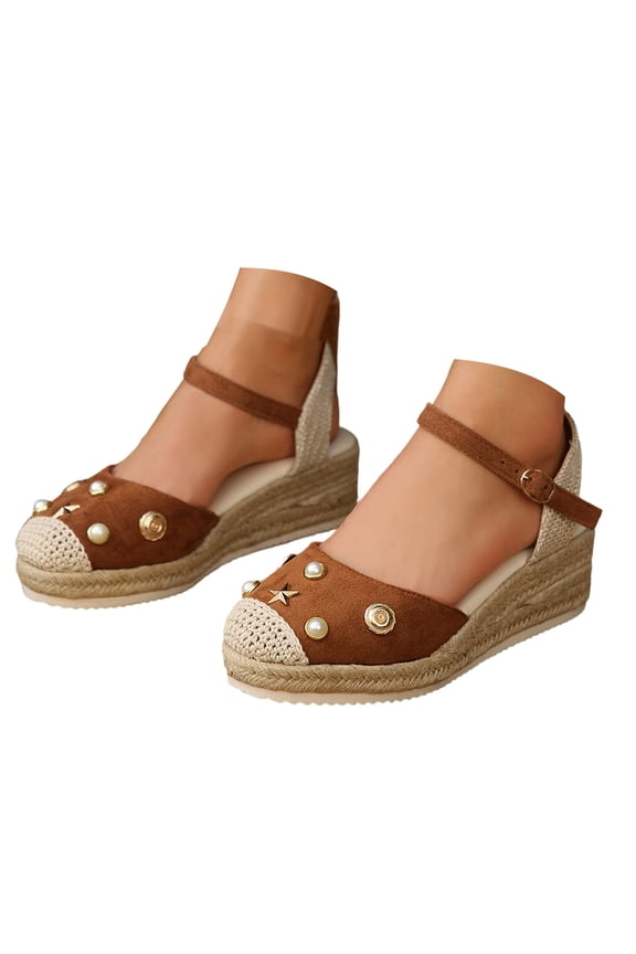 Espadrilles for Women Cap Toe Trendy Studded Wedge Sandals Summer Dressy Buckle Ankle Strap Platform Wedges Brown Size 9.5