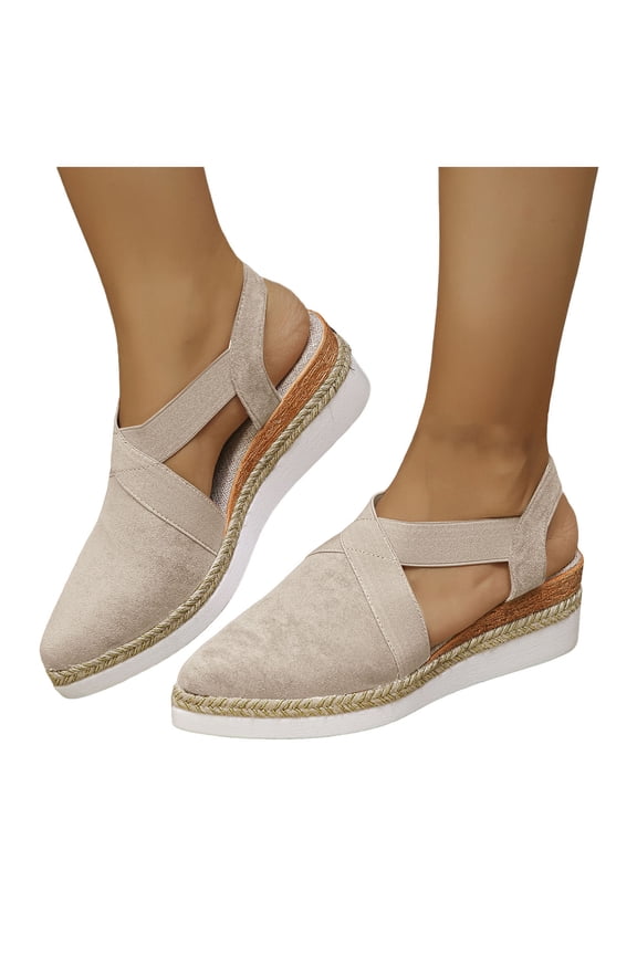Espadrilles for Women Closed Pointed Toe Elastic Strappy Wedge Sandals Summer Casual Slip on Walking Shoes Beige Size 9