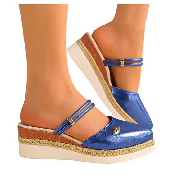 Espadrilles for Women Glitter Closed Pointed Toe Wedge Sandals Platform Heels Adjustable Slingback Mules Blue Size 9