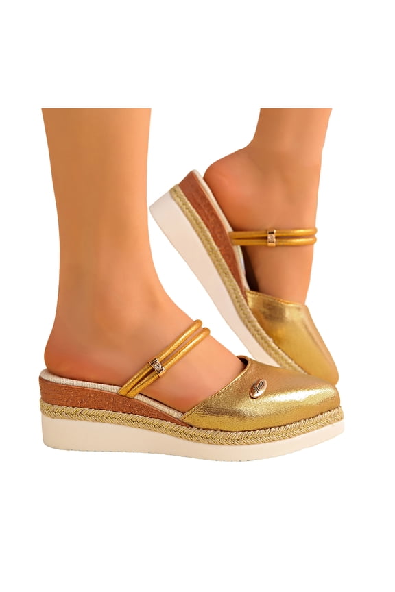 Espadrilles for Women Glitter Closed Pointed Toe Wedge Sandals Platform Heels Adjustable Slingback Mules Gold Size 9