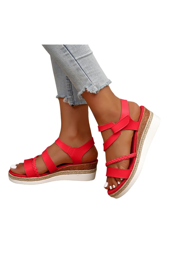 Espadrilles for Women Low Wedge Beach Sandals Open Toe Soft Leather Strappy Arch Support Walking Shoes Red Size 6