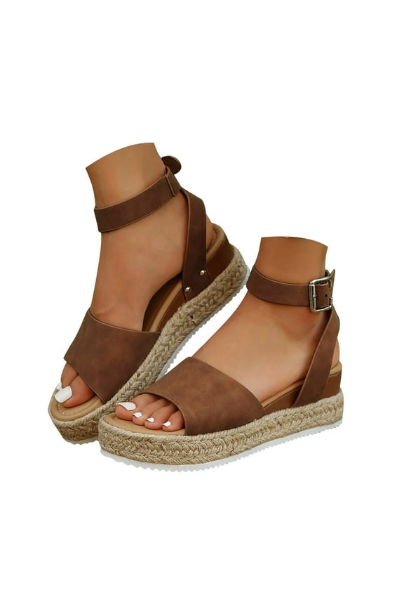 Espadrilles for Women Open Toe Ankle Strap Platform Sandals Comfortable Low Wedge Arch Support Casual Summer Beach Shoes Brown Size 7