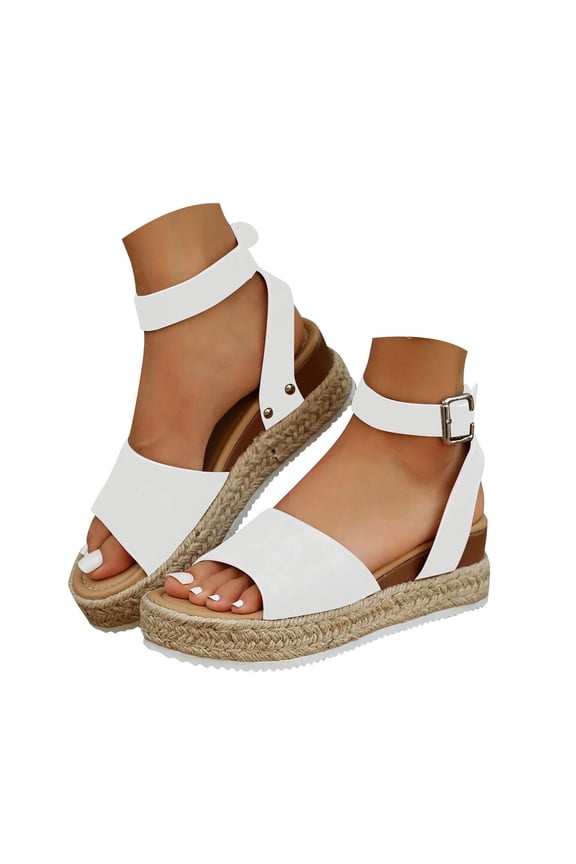 Espadrilles for Women Open Toe Ankle Strap Platform Sandals Comfortable Low Wedge Arch Support Casual Summer Beach Shoes White Size 6