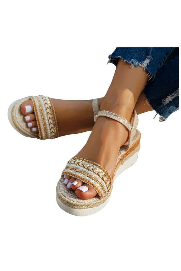 Espadrilles for Women Open Toe Platform Sandals Braided Band Ankle Strap Summer Dress Shoes Low Wedge Slingback Heels Brown Size 7