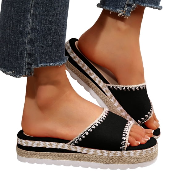 Espadrilles for Women Open Toe Suede Platform Sandals Comfortable Footbed Slippers Fashion Stitching Summer Casual Slides Black Size 7