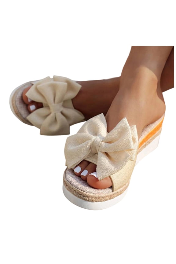 Espadrilles for Women Open Toe Wedge Sandals Casual Platform Slides Lightweight Slip on Beach Shoes Braided Strappy Cute Bowknot Beige Size 7