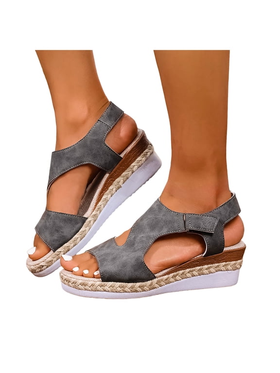 Espadrilles for Women Peep Toe Wedge Sandals Lightweight Cutout Soft Leather Slingback Wedges Heels Gray Size 6.5