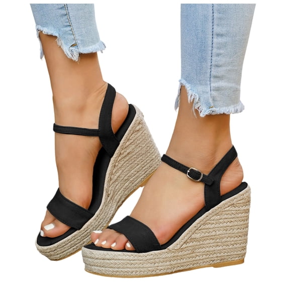 Espadrilles for Women Platform Wedge Sandals Classic Suede Open Toe Ankle Strap Wedges Heels Casual Summer Footwear Black Size 9