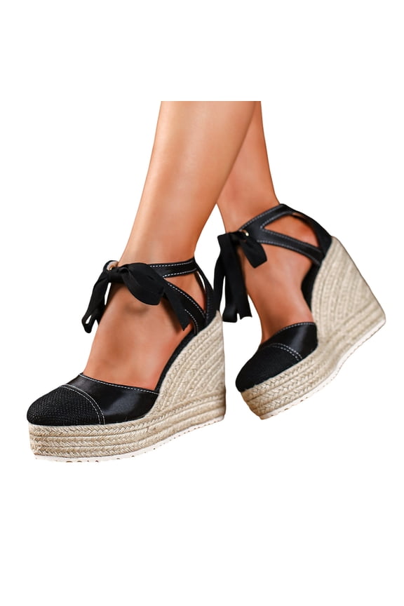 Espadrilles for Women Splice Closed Toe Color Block Ankle Strappy Lace up Platform Wedge Sandals Casual Summer Wedges Heels Black Size 7.5