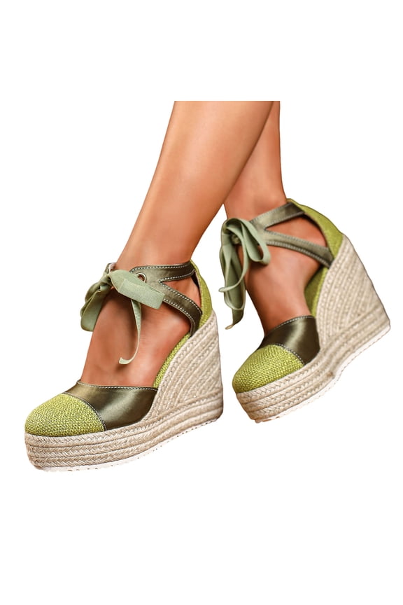 Espadrilles for Women Splice Closed Toe Color Block Ankle Strappy Lace up Platform Wedge Sandals Casual Summer Wedges Heels Green Size 9