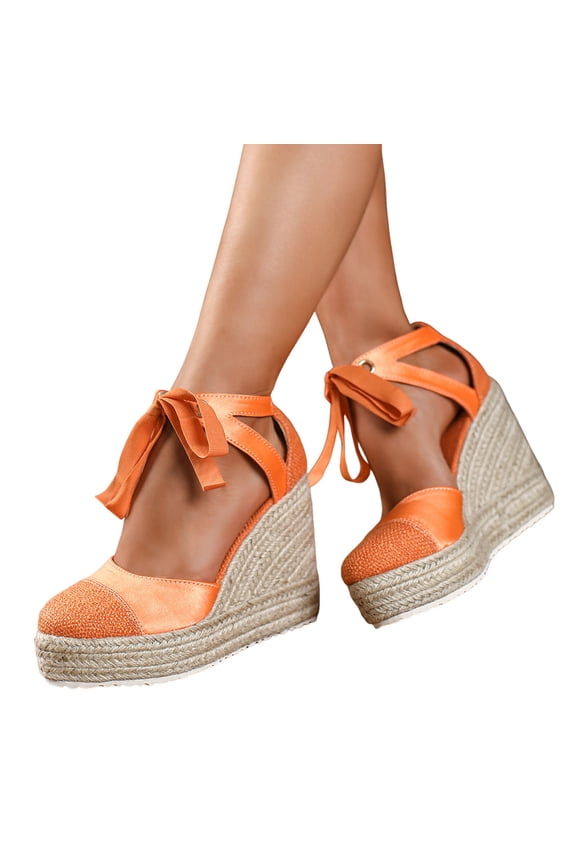 Espadrilles for Women Splice Closed Toe Color Block Ankle Strappy Lace up Platform Wedge Sandals Casual Summer Wedges Heels Orange Size 7.5