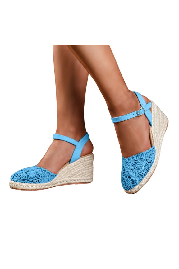 Espadrilles for Women Summer Dressy Knitted Mesh Closed Toe Ankle Strap Heels Open Toe Lightweight Beach Shoes Blue Size 9.5