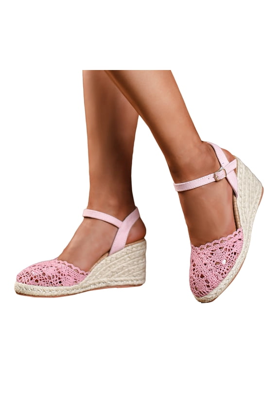 Espadrilles for Women Summer Dressy Knitted Mesh Closed Toe Ankle Strap Heels Open Toe Lightweight Beach Shoes Red Size 6.5