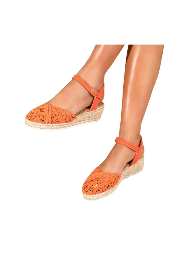 Espadrilles for Women Wedge Sandals Hollow out Crocheted Closed Toe Breathable Ankle Strap Summer Dress Shoes Orange Size 8.5