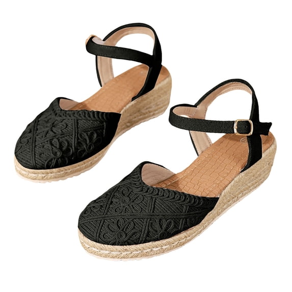Espadrilles for Women Woven Closed Toe Wedge Sandals Vintage Footbed Ankle Strap Slingback Heels Breathable Summer Dress Shoes Black Size 9