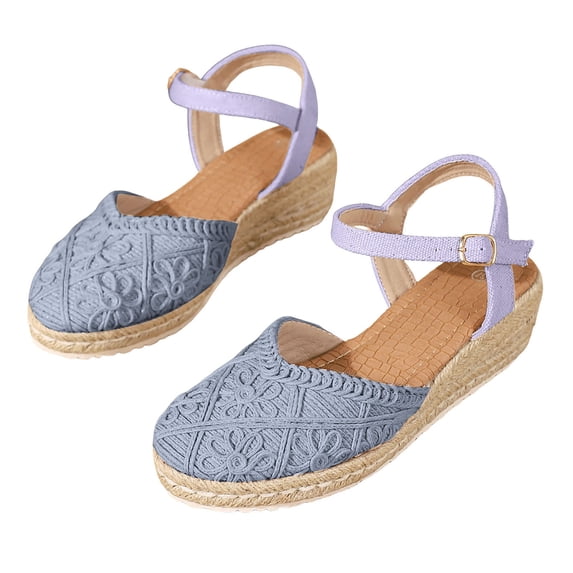 Espadrilles for Women Woven Closed Toe Wedge Sandals Vintage Footbed Ankle Strap Slingback Heels Breathable Summer Dress Shoes Blue Size 7.5