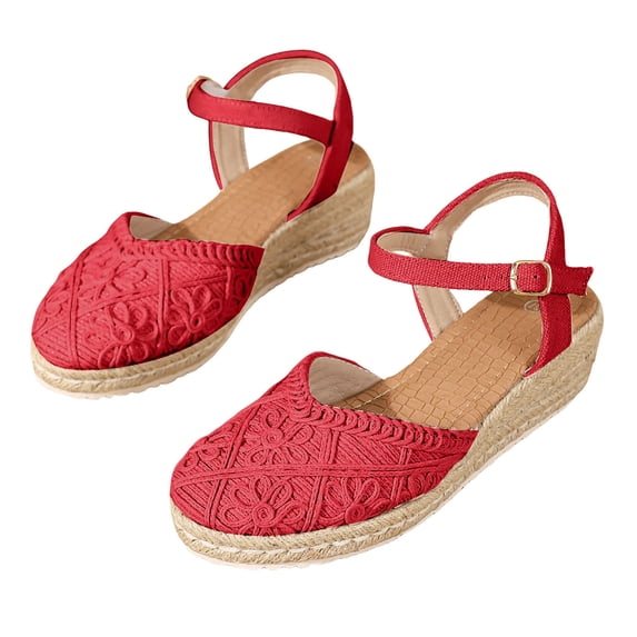 Espadrilles for Women Woven Closed Toe Wedge Sandals Vintage Footbed Ankle Strap Slingback Heels Breathable Summer Dress Shoes Red Size 6