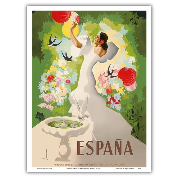 Espana (Spain) - Dancer with Fountain and Birds - Vintage Travel Poster by Marcias Jose Morell c. 1941 - Master Art Print (Unframed) 9in x 12in