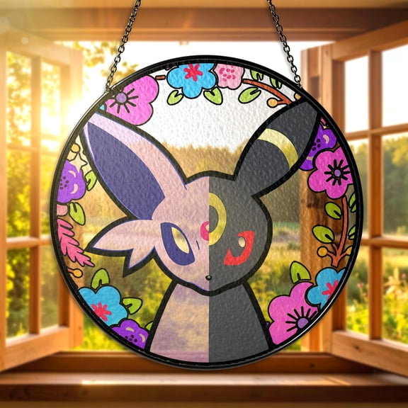 Espeon and Umbreon Stained Glass Suncatcher Espeon Umbreon Window Hanging Dual Eeveelution Espeon Umbreon Suncatcher Decor Christmas Gift