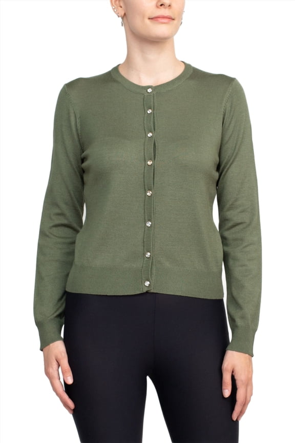 Crew Neck Button Down Long Sleeve Solid Knit Green Cardigan (Petite), Size: MP