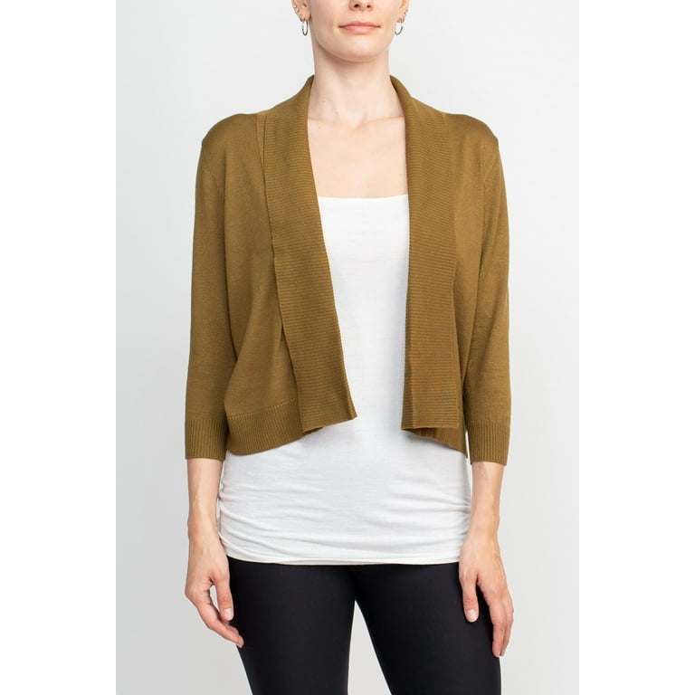 Esperanza Open Front 3 4 Sleeve Cropped Rayon Cardigan Olive M