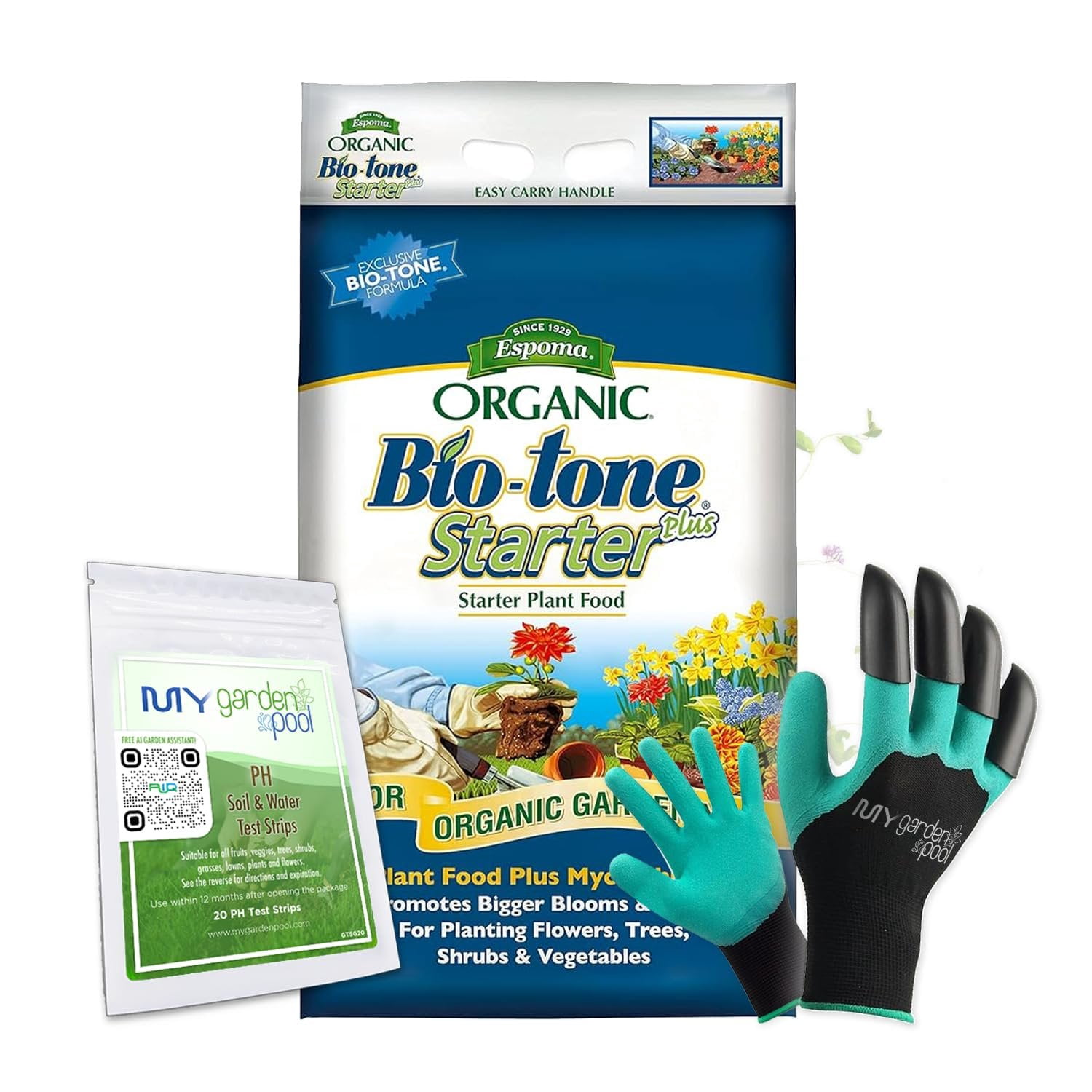 Espoma BTSP18 Bio-Tone Starter Plus 18 lb. Bag with My Garden Pool PH Soil Test Strips 20 ct, and Superior Gardening Claw Gloves and Garden-IQ, Smart Gardening AI Assistant!