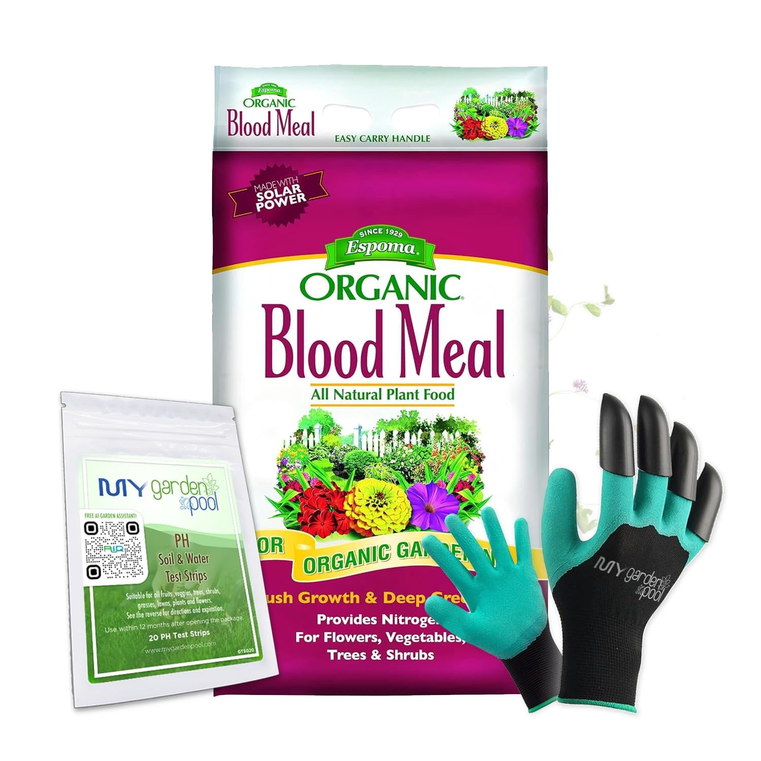 Espoma DB17 Blood Meal 17 lb. Bag with My Garden Pool PH Soil Test Strips 20 ct, and My Garden Pool Superior Gardening Claw Gloves and Garden-IQ, Smart Gardening AI Assistant!