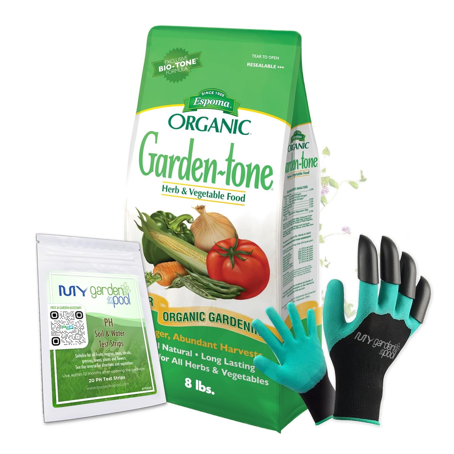 Espoma GT8 Organic Garden-Tone Fertilizer with My Garden Pool PH Soil Test Strips 20 ct, and My Garden Pool Gardening Claw Gloves and Garden-IQ, Smart Gardening AI Assistant!