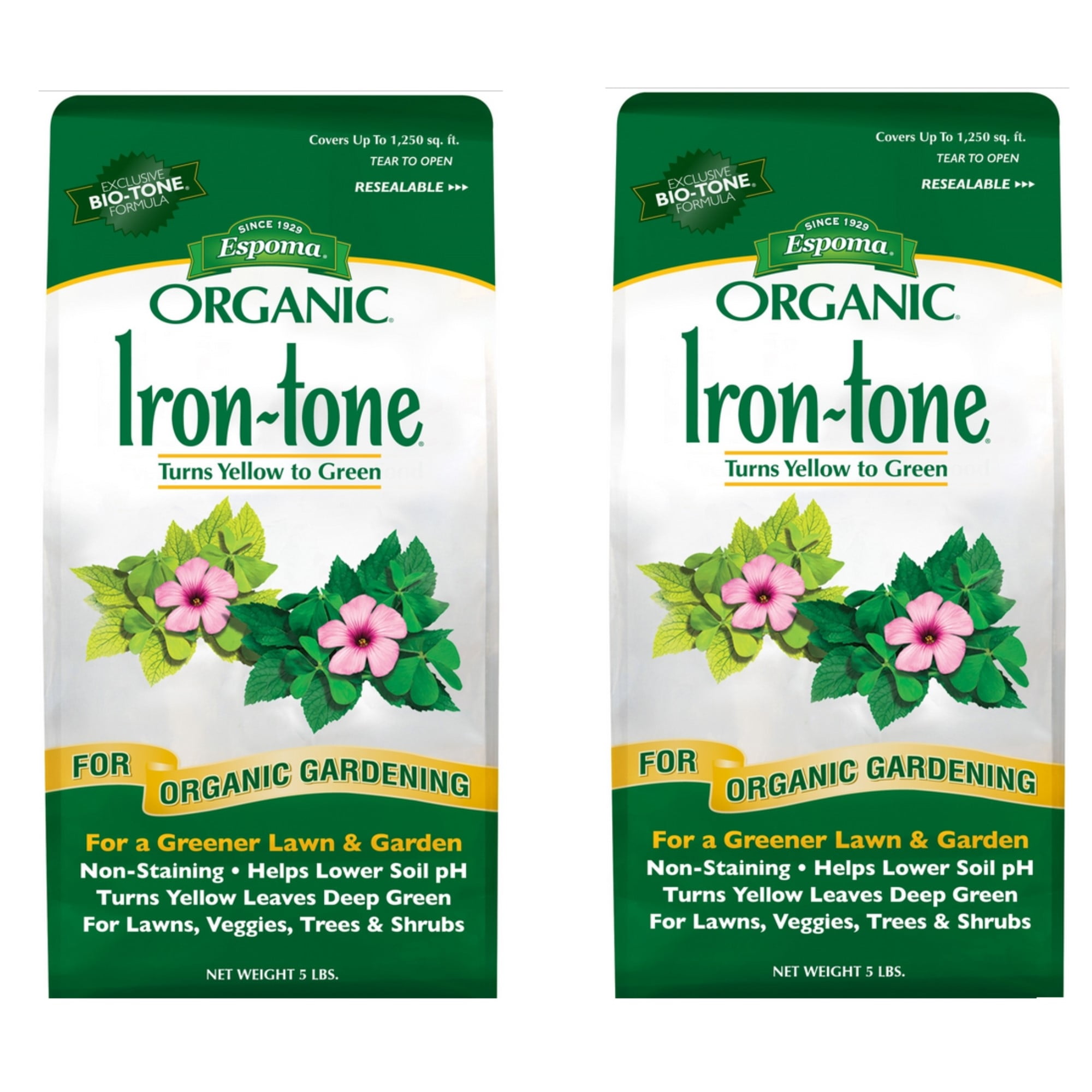 Espoma Organic Iron-tone 3-0-3 Plant Food for Organic Gardening, Lowers Soil pH for a Greener Lawn and Garden, Non-Staining, 5lb (Pack of 2)