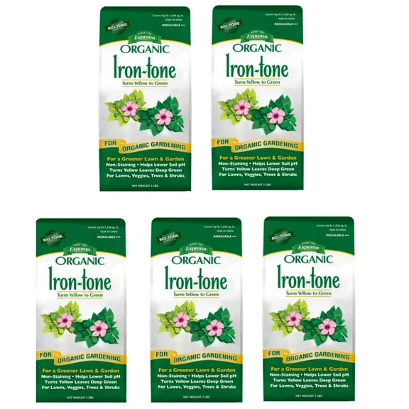 Espoma Organic Iron-tone 3-0-3 Plant Food for Organic Gardening, Lowers Soil pH for a Greener Lawn and Garden, Non-Staining, 5lb (Pack of 5)