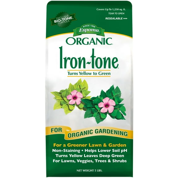 Espoma Organic Iron-tone 3-0-3 Plant Food for Organic Gardening, Lowers Soil pH for a Greener Lawn and Garden, Non-Staining, 5lb